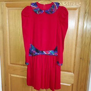 Vtg Ruth of Carolina Red Corduroy Dress w/ Plaid Belt-Girls Sz 10